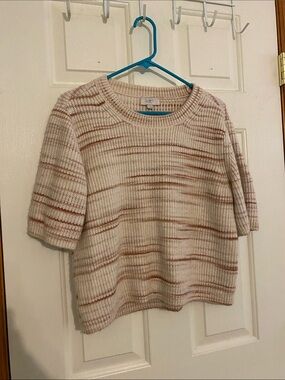 LOFT Cream Short Sleeve Knit Crop Top with Rust Stripes